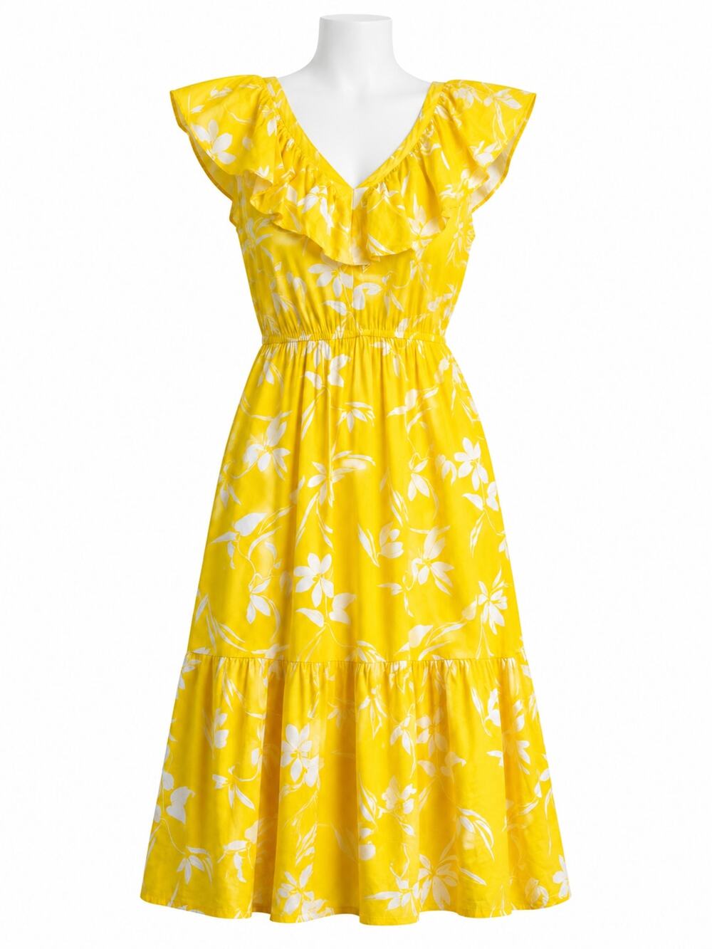 Banana Republic Yellow V-Neck Floral Ruffle Midi Dress - Size S - Cottagecore